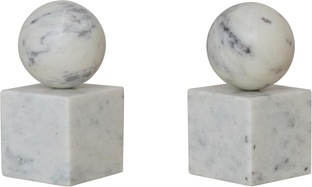 2-Piece Marble Geometric Bookends, White