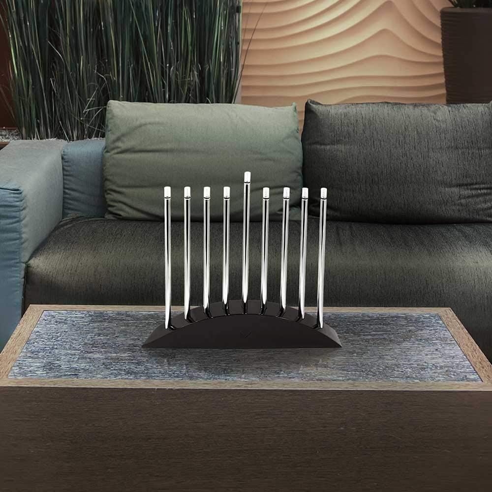Zion Judaica Large LED Electric Hanukkah - New Classic Black & Silver Arch Style Hanukkiah 14" Wide x 12.5" Tall