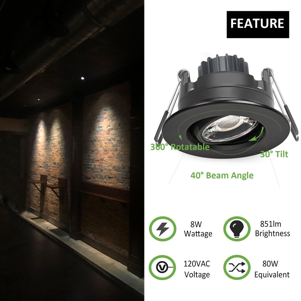 3 Inch LED Recessed Lights 6 Pack,Adjustable Gimbal Downlight, Black