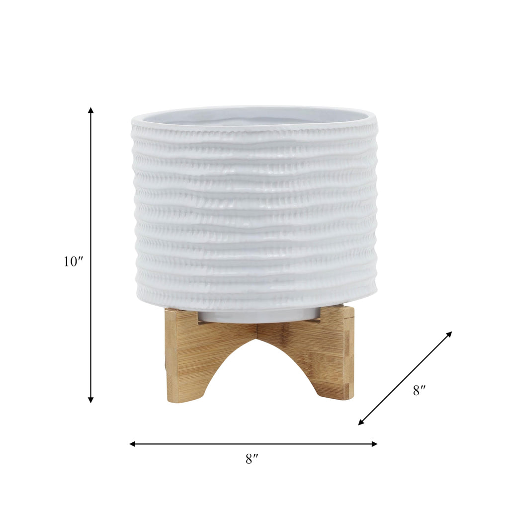 Ceramic Planter with Bamboo Stand - Modern Home Decor Indoor Plant Pot with Textured Stoneware Design - Decorative