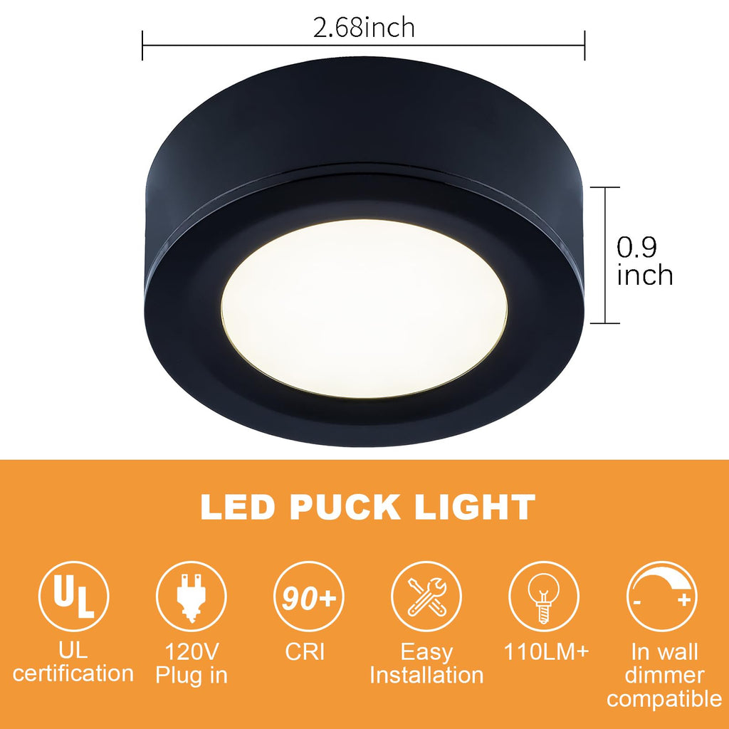 Wired LED Puck Lights Kit 2.68" Wide 3000K, 120V Plug-in or Hardwired Installation with Recessed or Surface Mounted