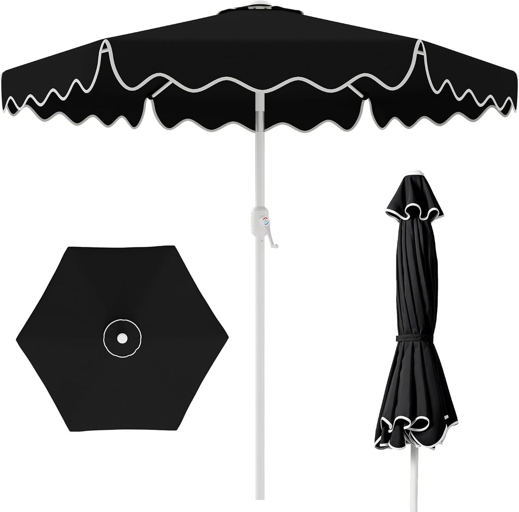 Patio Umbrella with Wavy Trim, UV-Fade-Resistant Canopy, Crank & Tilt - Black 7.5ft
