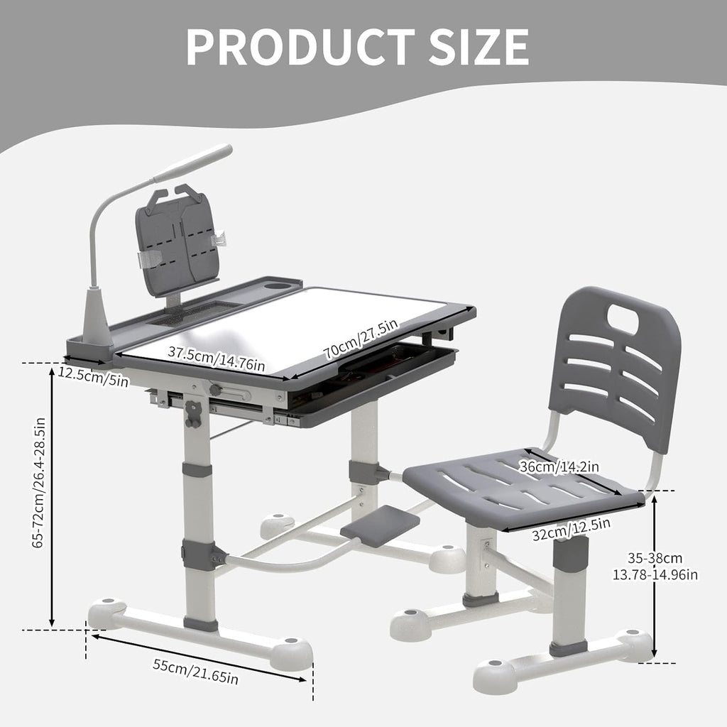 Adjustable Kids Study Desk and Chair Set, 55 Inch Tilt Tabletop