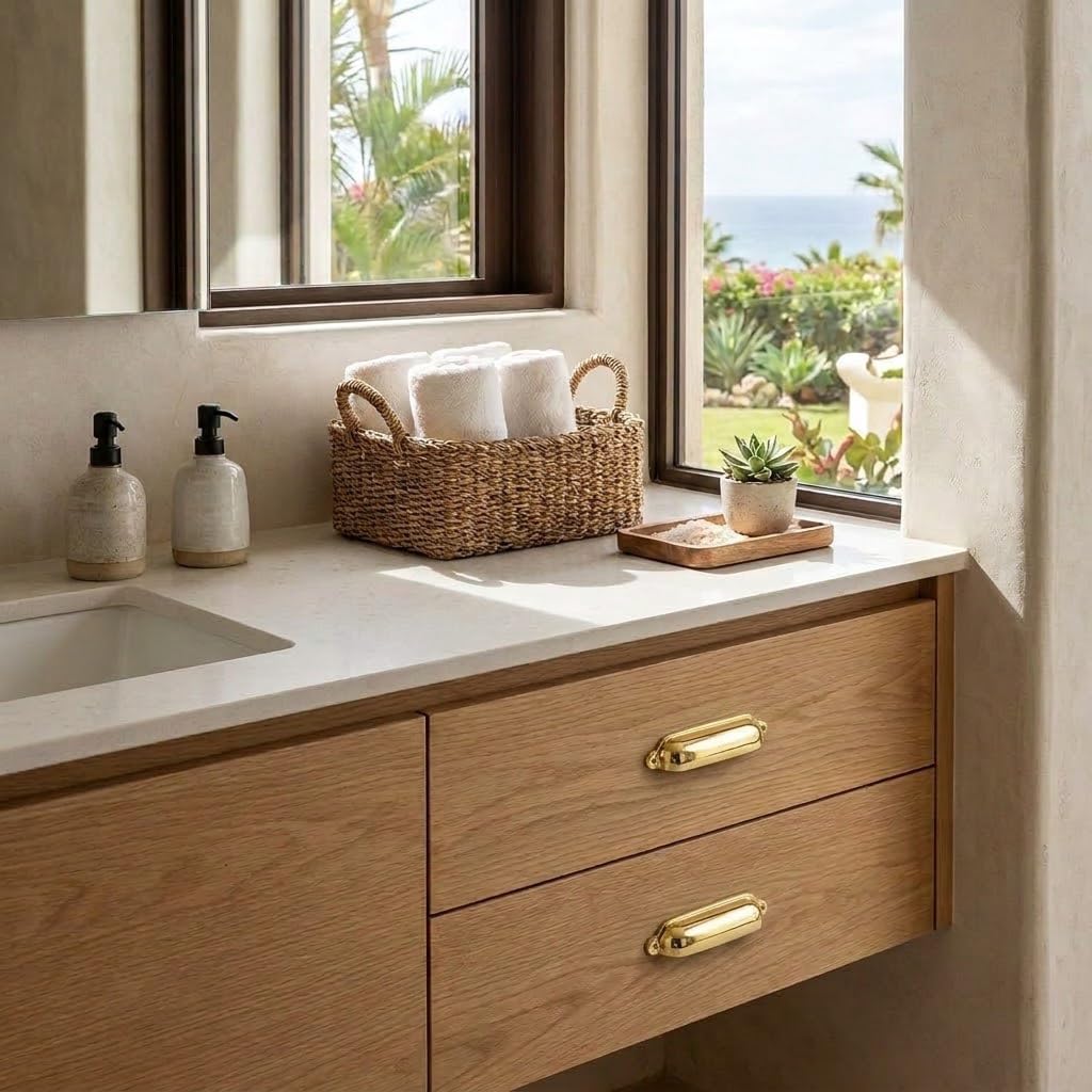10 Pack Polished Brass Cup Pulls 4 Inch Center to Center - Cabinet & Drawer Handles Hardware