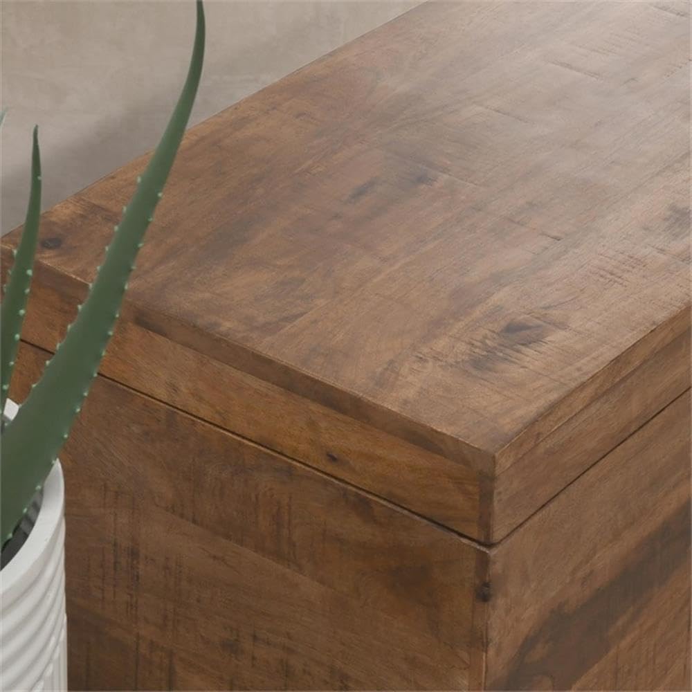 46" Mango Wood Storage Trunk, Natural Brown and Black Finish, Iron Legs, Soft Close Top, Functional Distressed