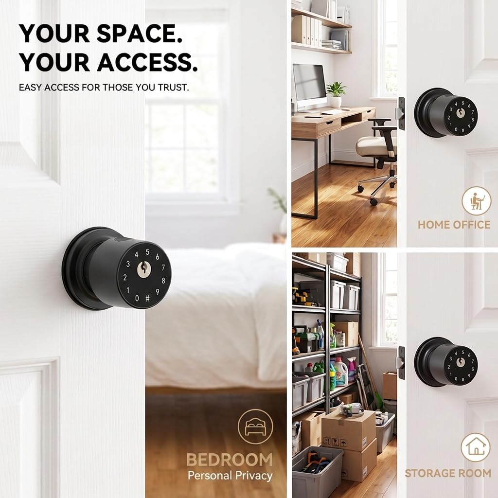 4-in-1 Smart Fingerprint Door Knob with App and Keypad, Matte Black