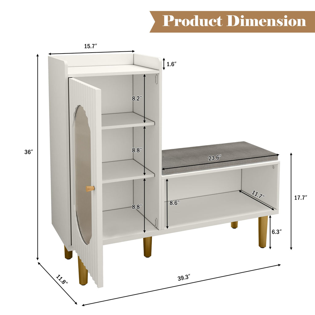 Shoe Storage Bench with Glass Door&Shelf, L-Shaped Shoe Cabinet, White