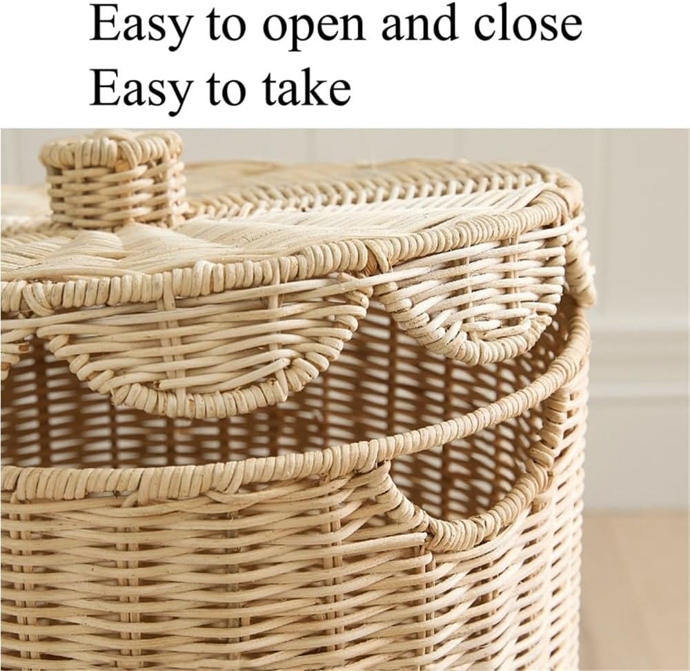 Woven Rattan Storage Basket with Lid, Round Laundry Hamper with Metal Frame | Handmade Rattan Basket for Clothes