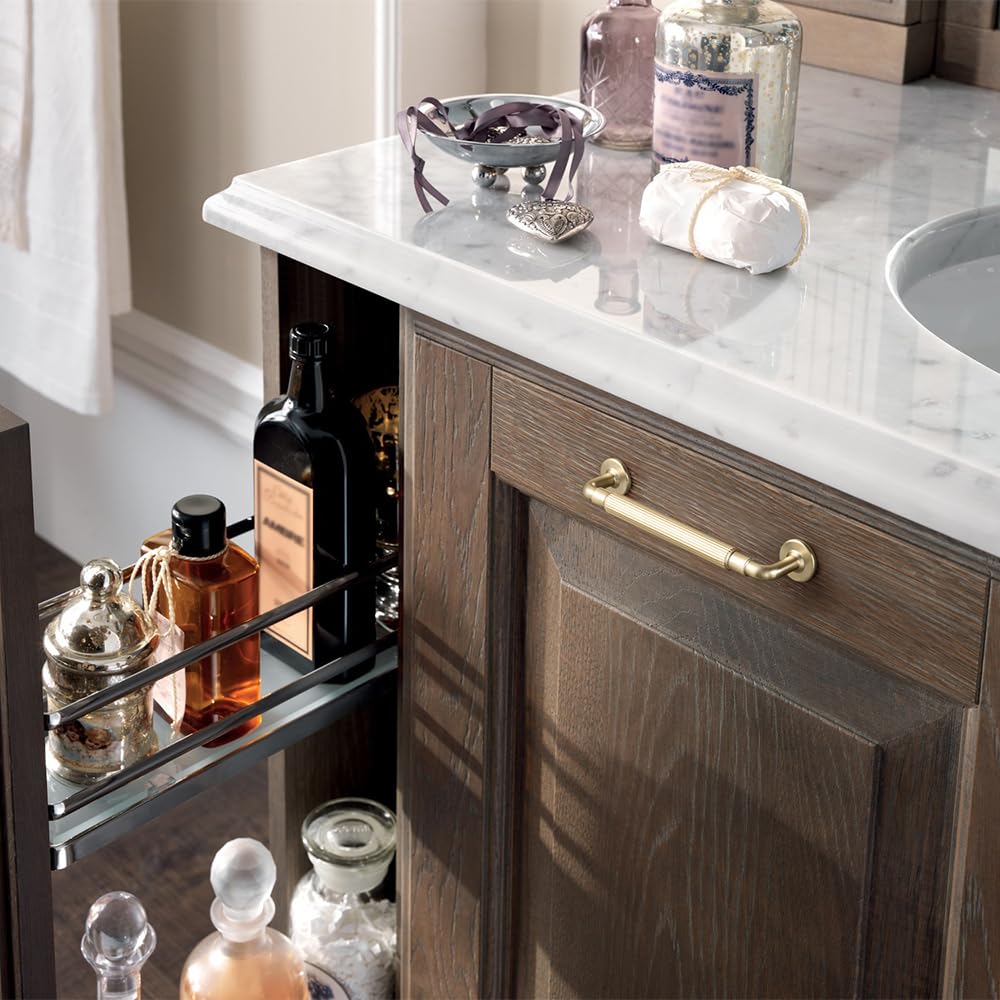 Champagne Bronze Reeded Cabinet Pulls - 6 Pack 5 Inch Modern Textured Drawer Handles with Fluted Grip & Round Rosette