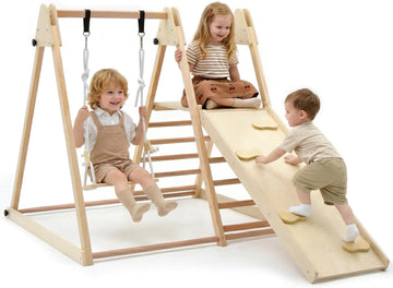 Indoor Jungle Gym 4 in 1 Foldable Toddler Wooden Montessori Baby Climbing Toys with Swing Slide Ramp Ladder for Kids