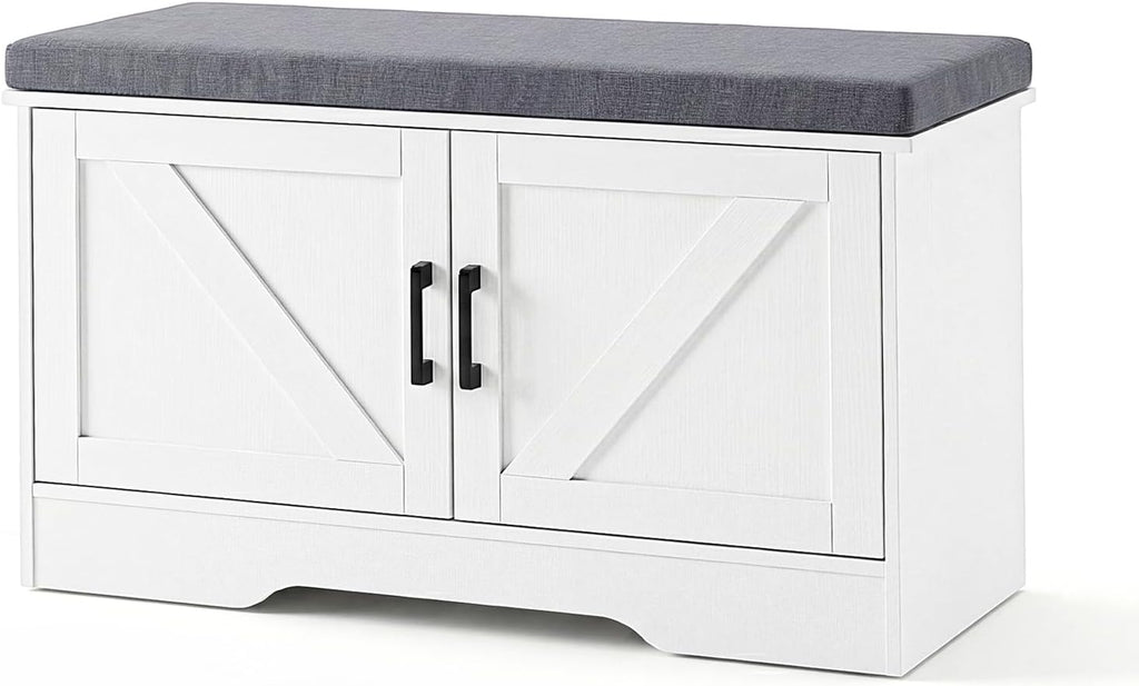 Shoe Storage Bench with Cushion, 27.6IN, White | Shoe Organizer Cabinet with Padded Cushion and Doors, Adjustable