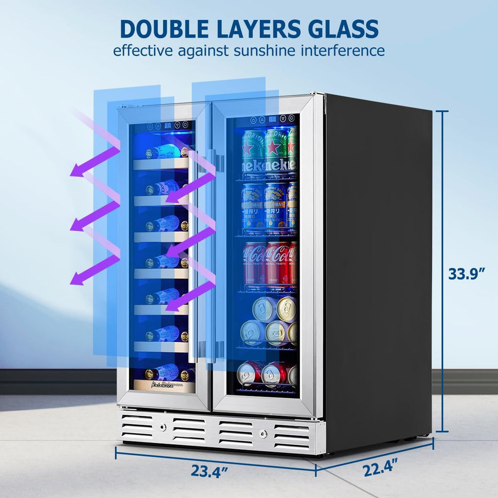 24 inch Wine Fridge Hold 21 Bottles and 75 Cans,Dual Zone Wine and Beverage Refr