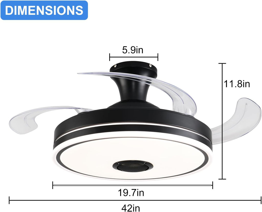 42'' Retractable Ceiling Fan with Lights, Smart Ceiling Fan Light with Bluetooth Speaker, App Control for Dimming &