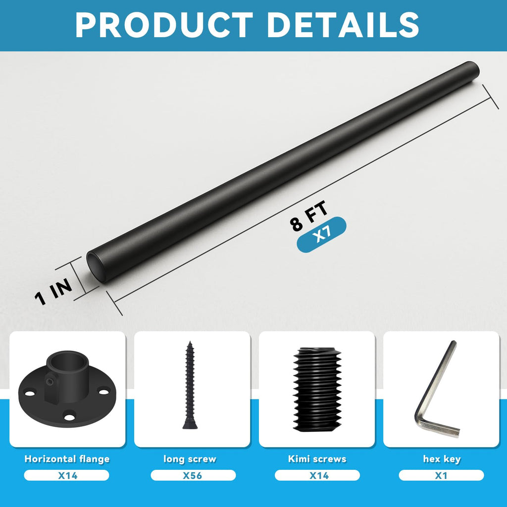 8 Foot x 1-inch Round Horizontal Bar Baluster for Stair Remodel- Wrought Iron Hollow Staircase Metal Spindles for