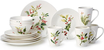 Holly and Vines Christmas Dinnerware Set - Piece Stoneware Service for 4 with Artist-Designed Holiday Plates, Mugs