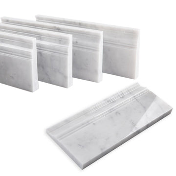 4-Pack Carrara White Marble Baseboard Trim Molding, 5 x 12 Inch Crown, Polished, Bianco Italian Carrera Marble