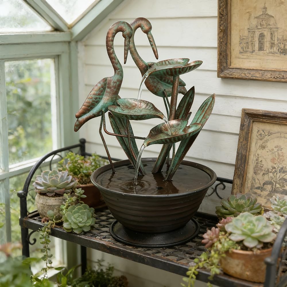 Tabletop Water Fountain with Standing Metal Crane Decor, 3-Tier Lotus Leaf Indoor Zen Waterfall Fountains