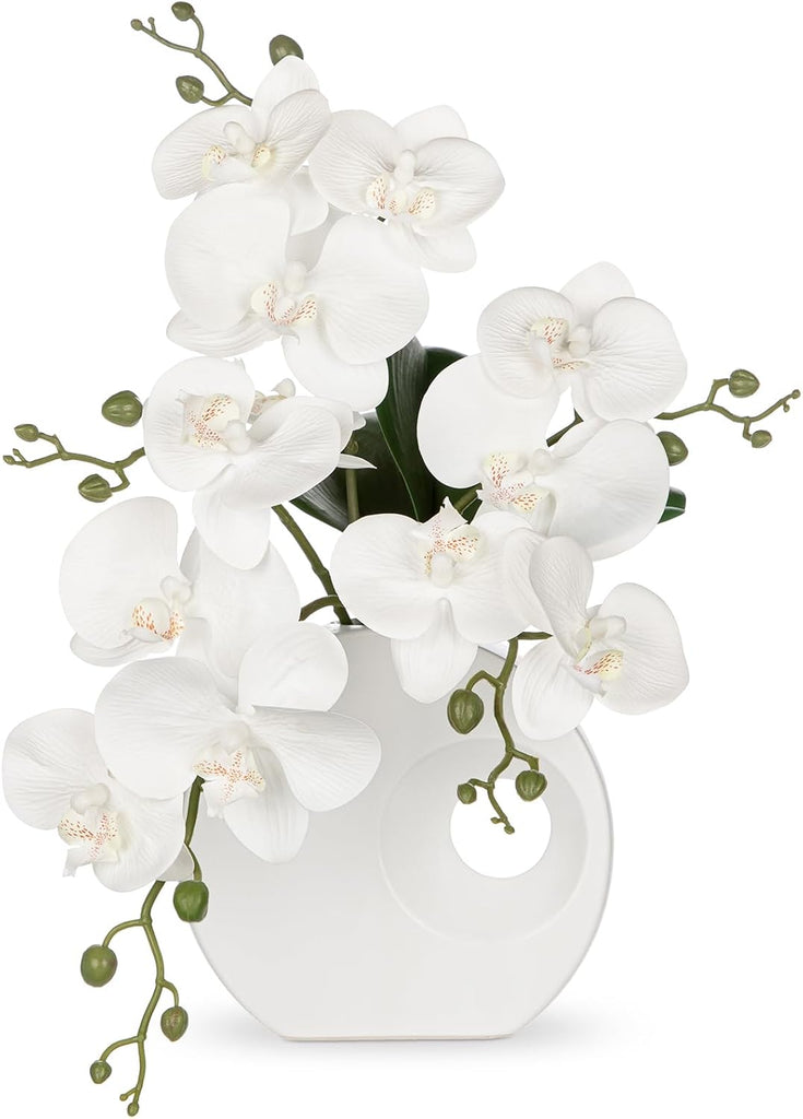 Artificial Orchid White Flowers in Modern Ceramic Vase 15.7" Tall Faux Orchid Arrangement Silk Orchid Flower Fake