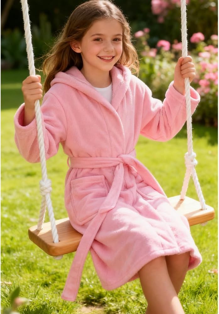 Kids Bathrobe Hooded Plush Fleece Robe for Girls Boys