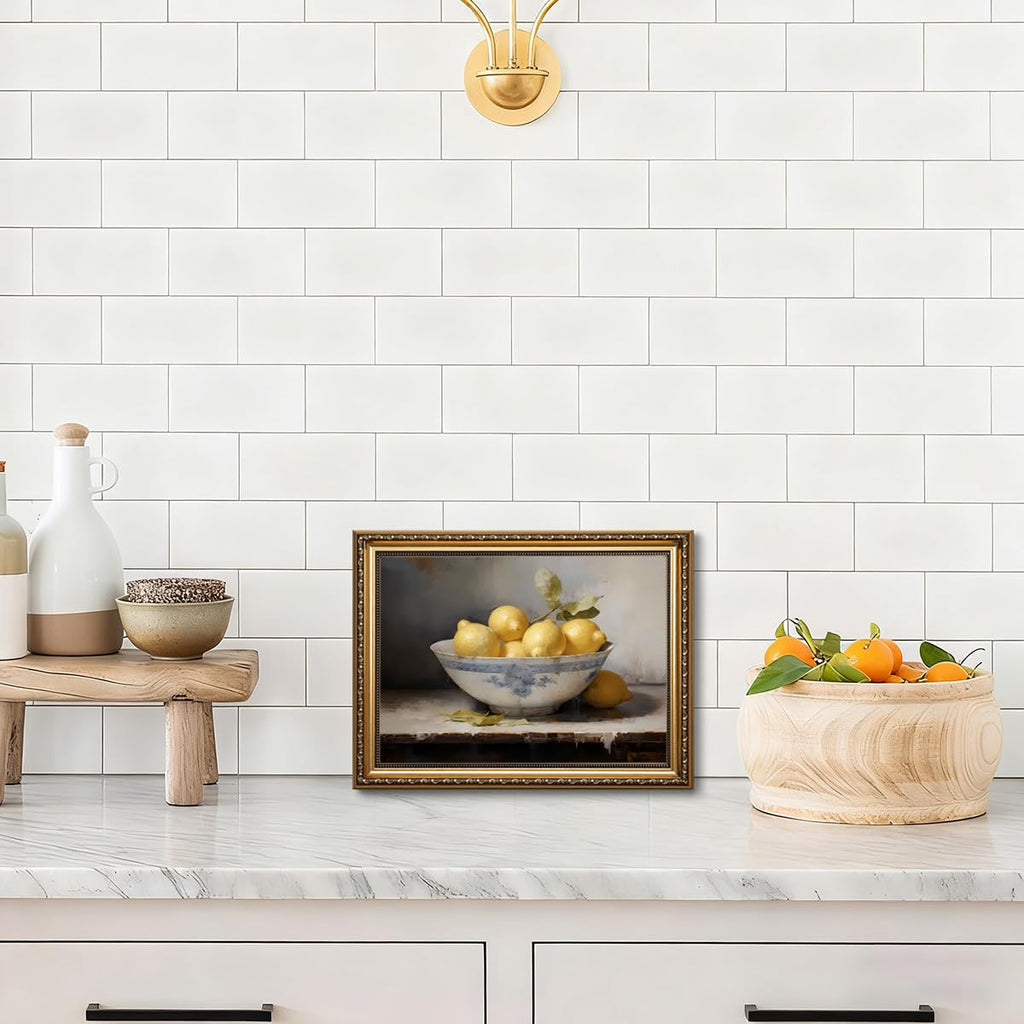 Vintage Gold Framed Wall Art Farmhouse Lemons Canvas Wall Art Antique Still Life Fruit Picture Wall Decor Rustic