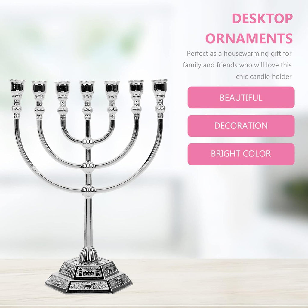 Traditional Jewish , 7 Branch Silver-Plated Candle Holder Altar, Judaica Decor from Holy Land Jerusalem, Table