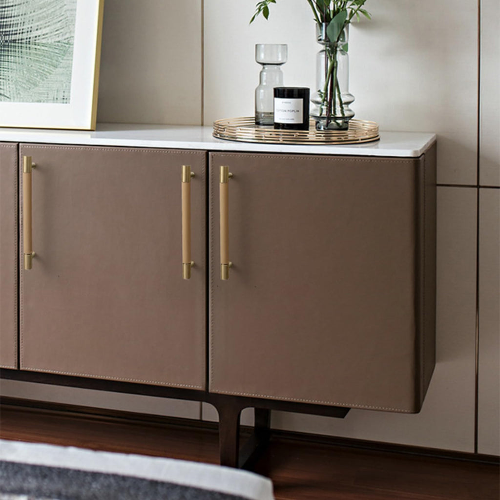 Leather Drawer Pulls 224mm Hole Center Brass Hardware Modern Cabinet Handles Wardrobe Dresser Furniture