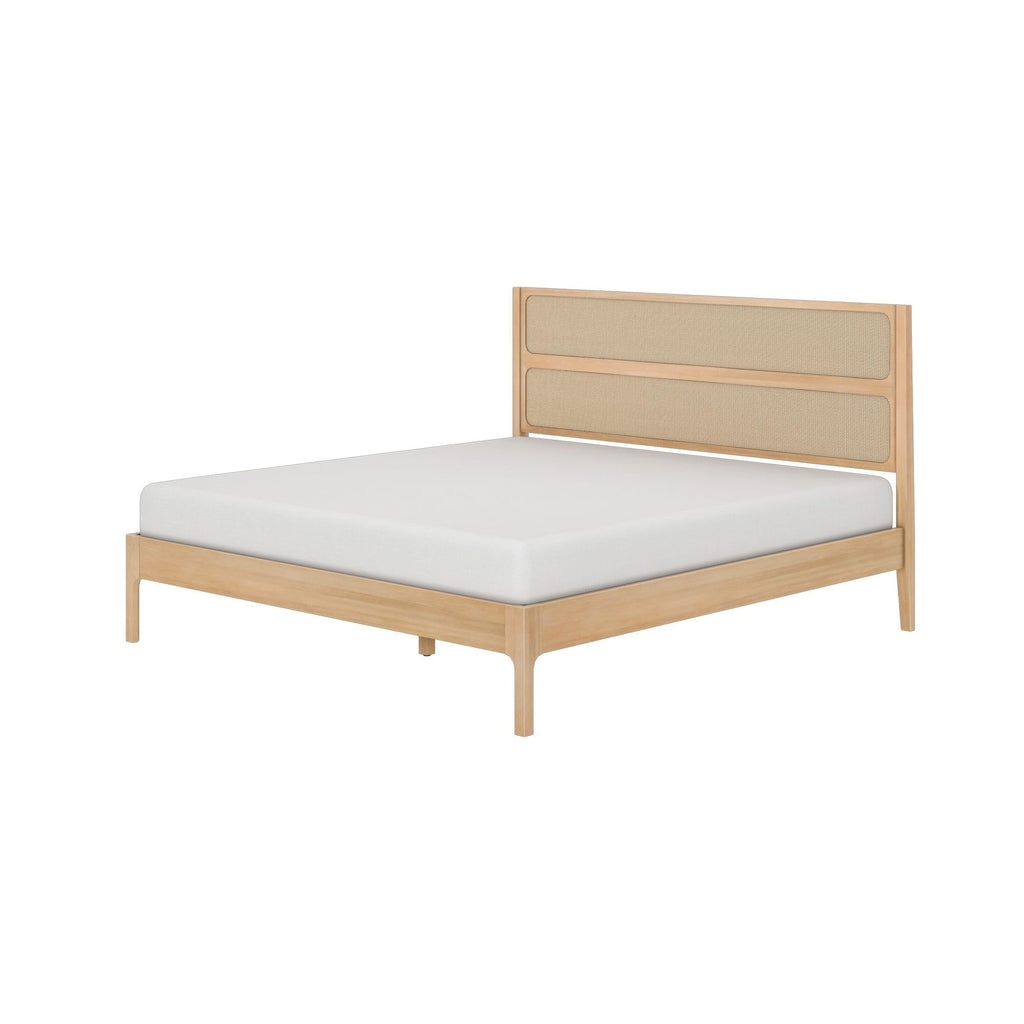 Elio Solid Pine Bed with Rattan Headboard, No Box Spring Needed, Wood Slat Roll Support, Metal Center Bar