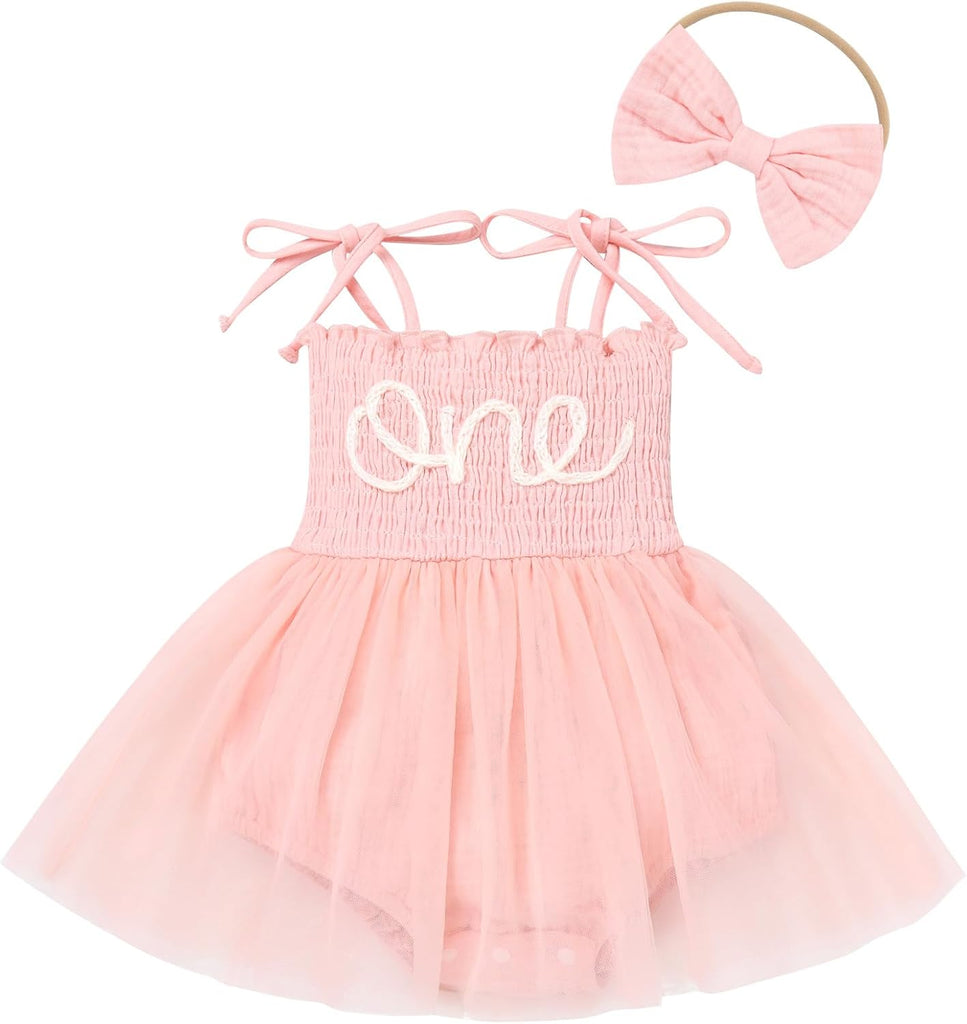 Baby 1st Birthday Girl Outfit Cotton ONE Printed Sleeveless Tutu Jumpsuit Romper Dress Headband 2pcs Summer Clothes
