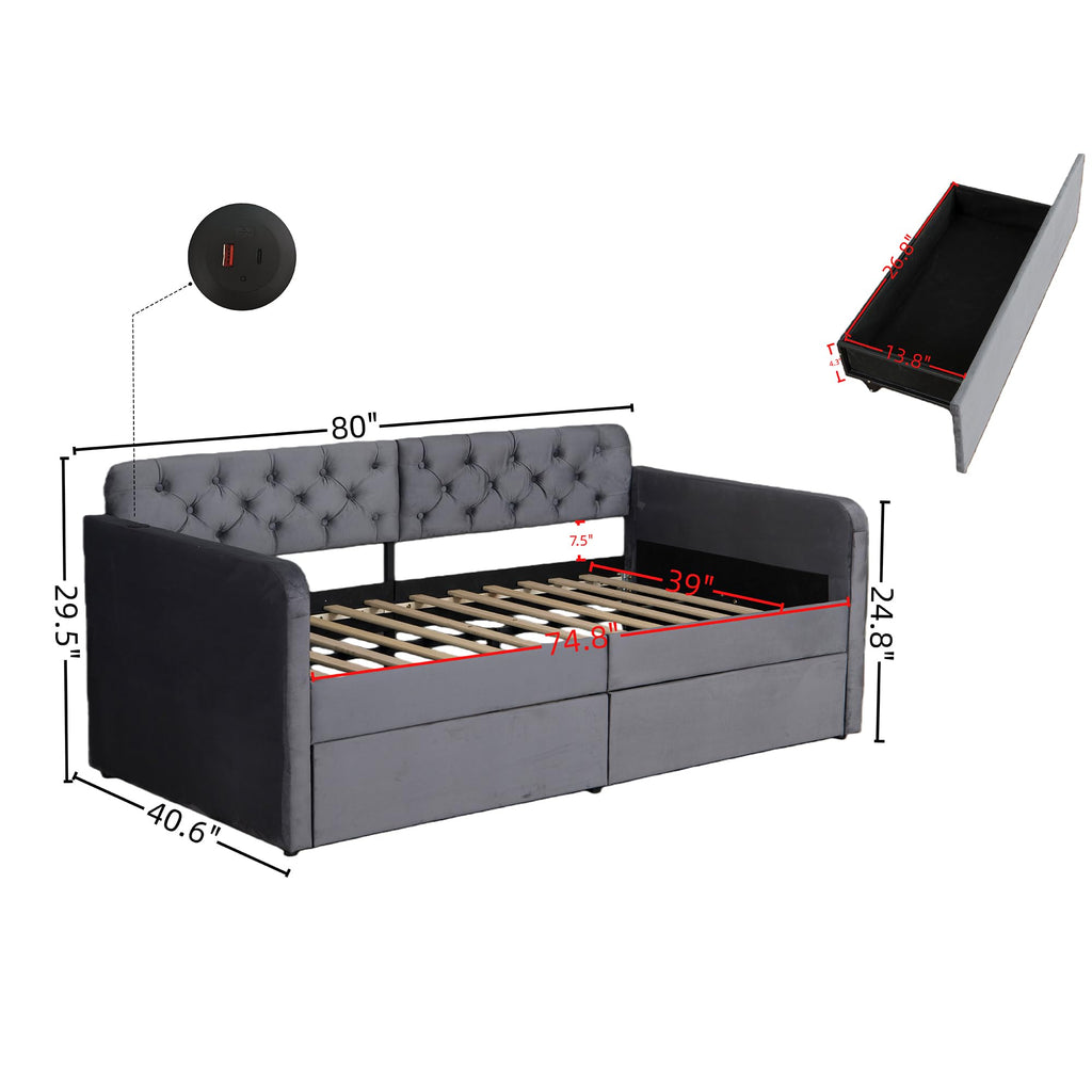Daybed with Storage Drawers, Twin Size Velvet Upholstered Sofa Bedframe w/USB Port, Button Tufted Backrest and
