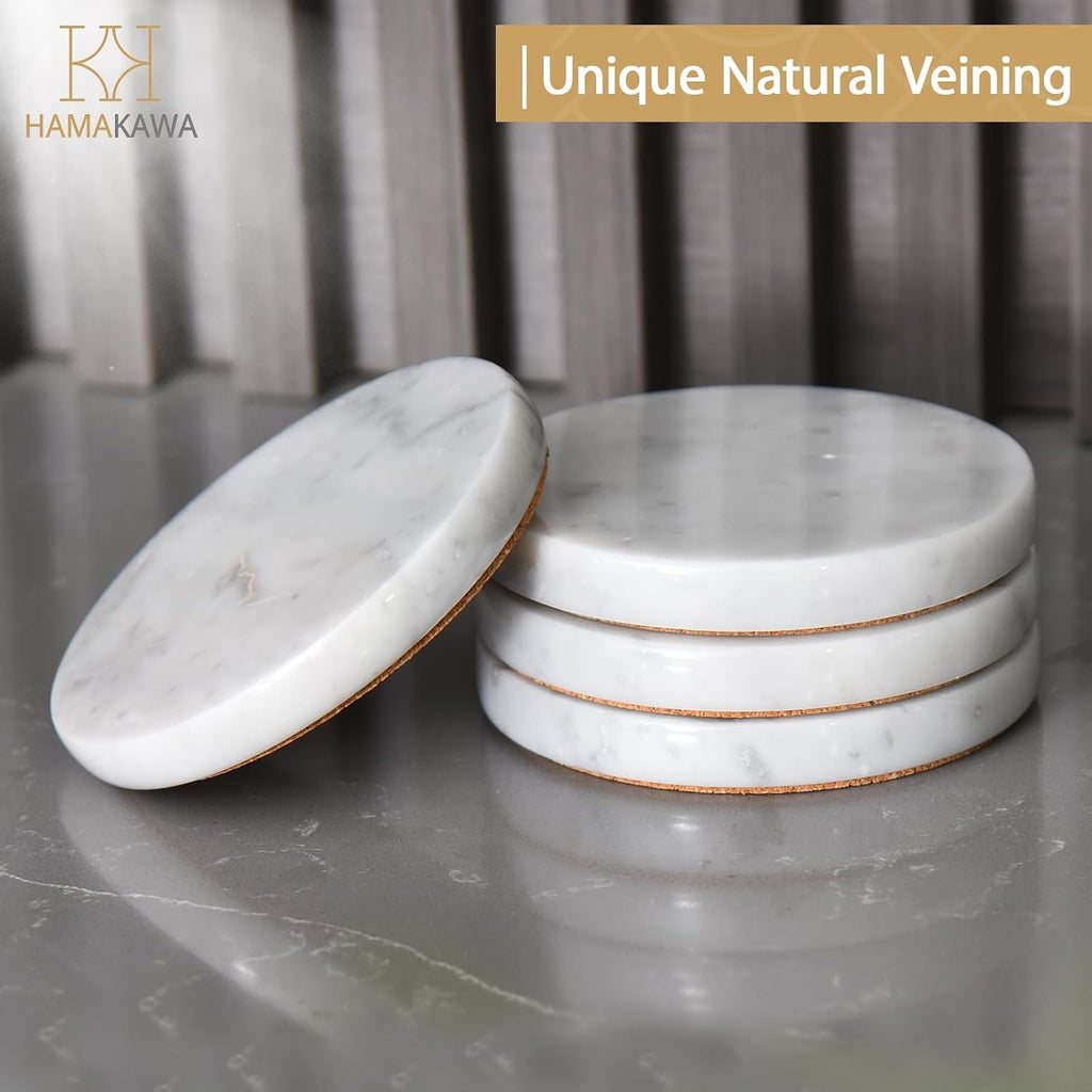Real Natural Marble Coasters, Carrara White Coaster 4 inch, Modern Round Stone, Trendy Drink Coasters - Set of 4