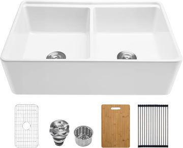 33x20 inch Farmhouse Sink, White Sink Workstation, Fireclay Undermount Basins, Apron Front Double Bowl Basin with
