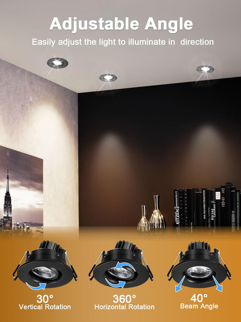 3 Inch LED Recessed Lights 6 Pack,Adjustable Gimbal Downlight, Black