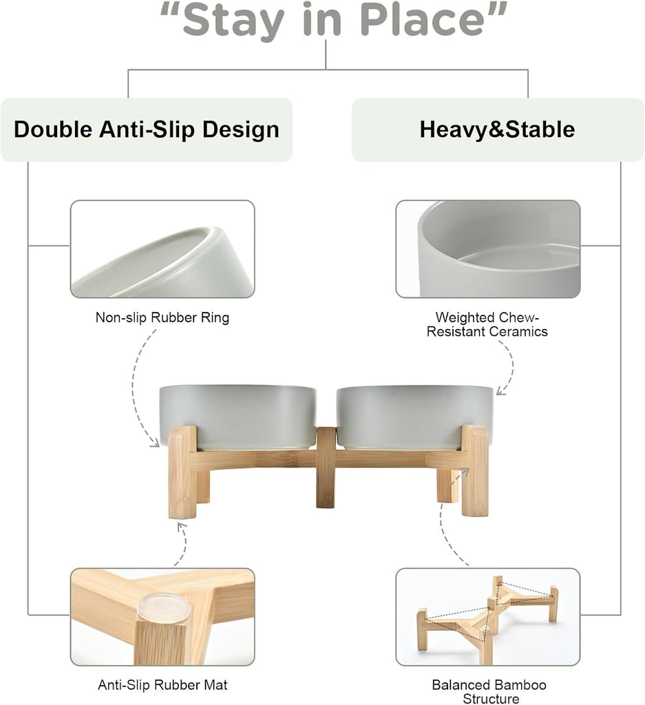 Elevated Dog Bowls Ceramic, 5.1'' Dogs and Cat Food Water Bowls Raised with Non-Slip Bamboo Stand for Puppy Small