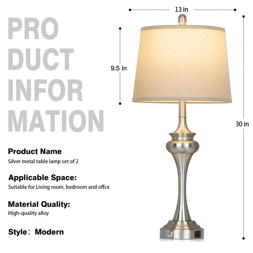 30" Silver Table Lamps Set of 2, 3 Way Touch Control Living Room Lamp with USB A+C Ports, Modern Brushed Nickel