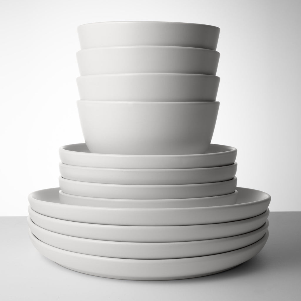 White Dinnerware Set, Stoneware Plates and Bowls, Dish Set for 4