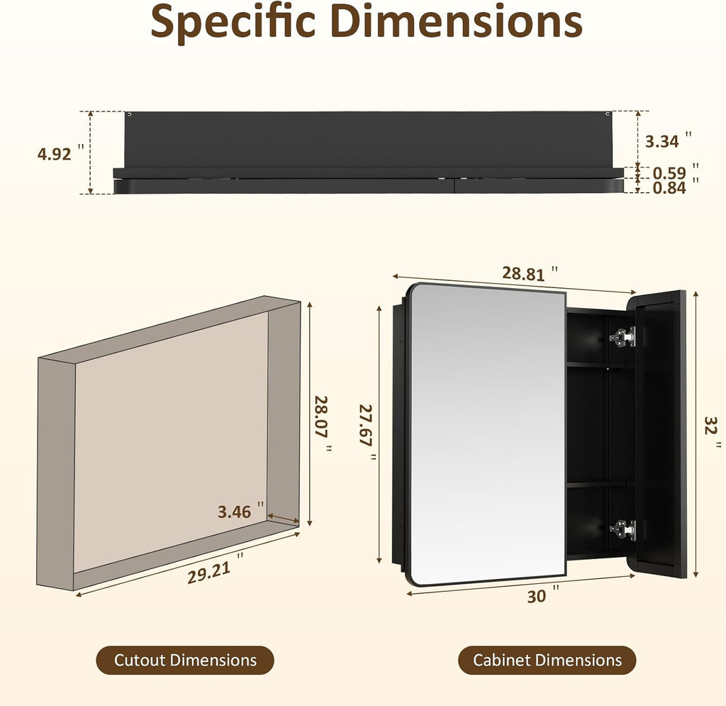 Medicine Cabinet Mirror 30x32 Inch, Black Bathroom Mirror Cabinet with Stepless Adjustable Shelves, Double Doors