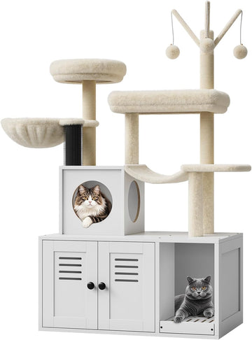 Cat Tree House, Cat Condos, Aesthetic Cats Tree, Hidden Litter Box, Wooden Cats Furniture with Multiple Platforms