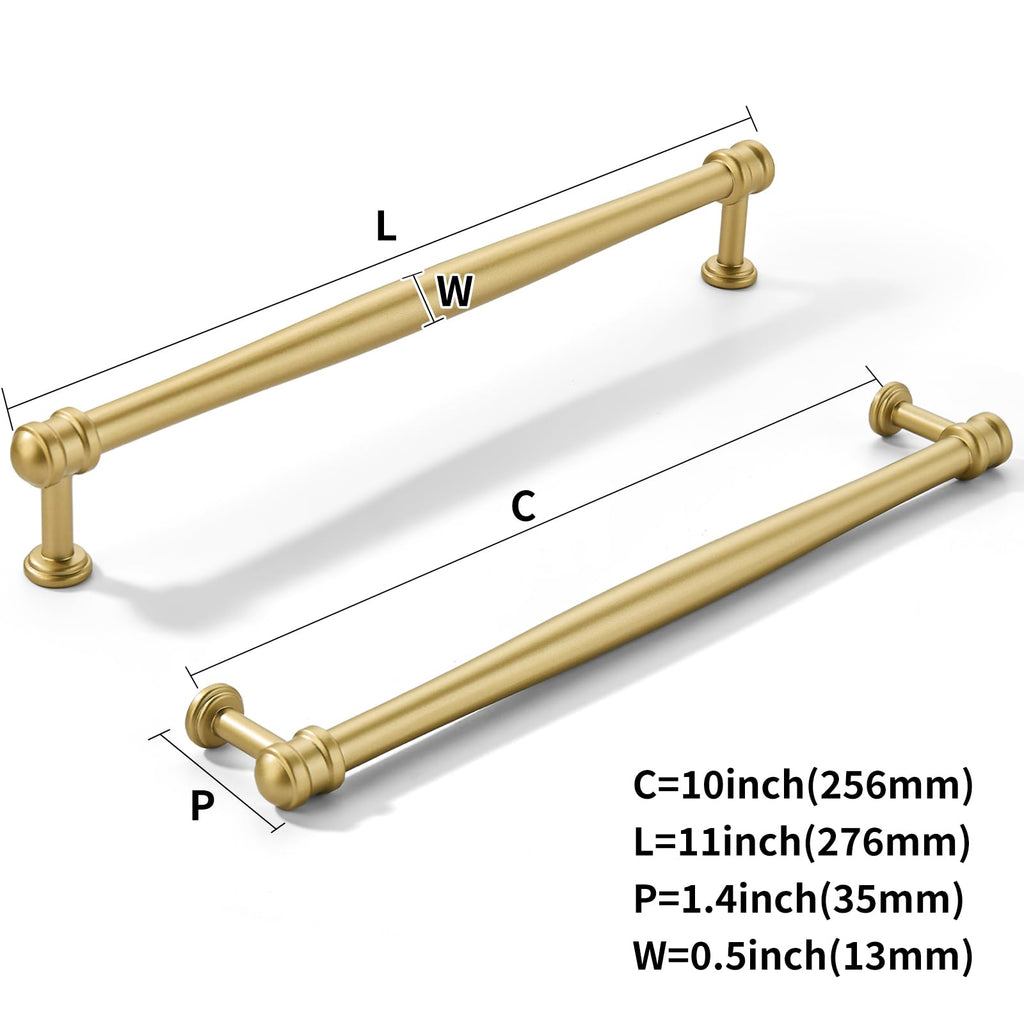 10 Pack 10inch(256mm) Hole Center Brushed Gold Cabinet pulls Matte Gold Solid Heavy-Duty Tradition Kitchen Cabinet