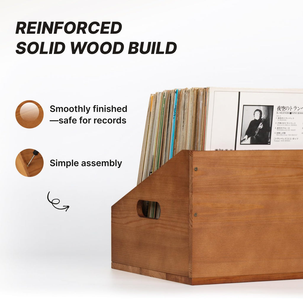 Vinyl Record Storage Crate, Solid Wood Rustic Record Box Holds 60 LP Albums