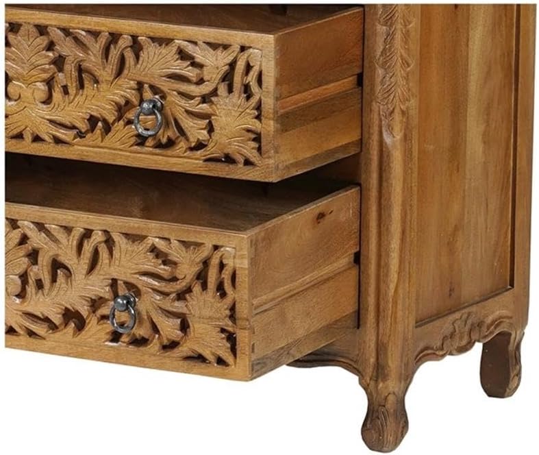 Solid Mango Wood 6-Drawer Tall Chest, 54 Inch, Brown Finish, Floral Carved Accents, Space-Saving Vertical Design