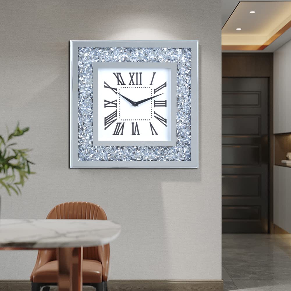 Decor Crushed Diamond Mirror Wall Clock with Crystal Decorations (Silver-Square 35CM)