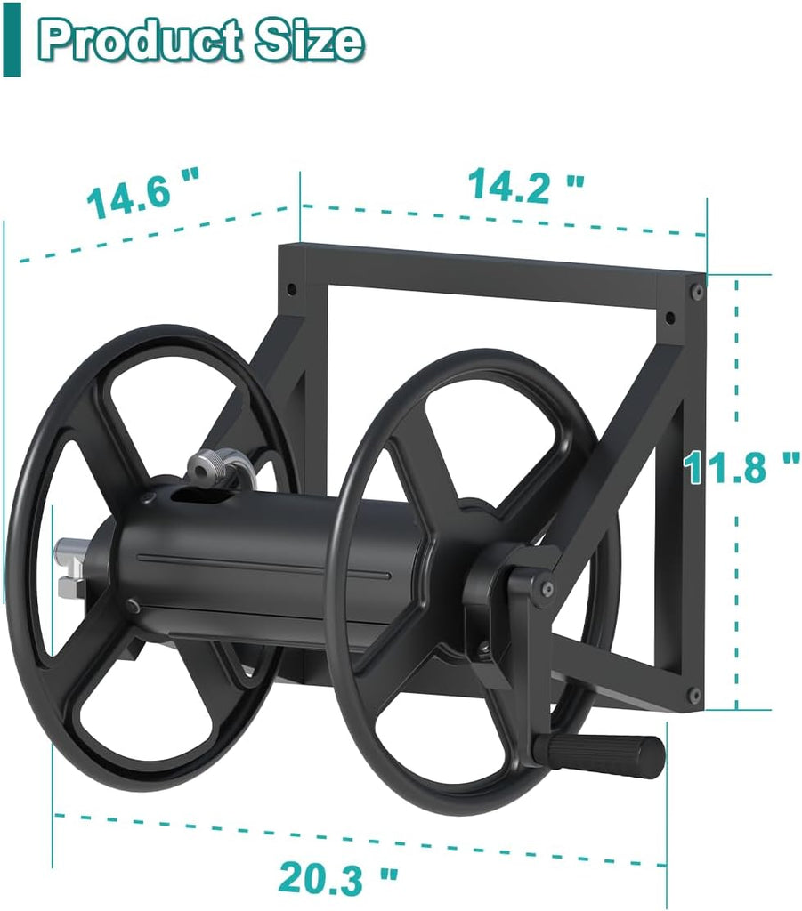 Garden Hose Reel Wall Mounted, Outdoor Heavy Duty Powder Coated Metal Water Hoses Holder Winder Holds 125 ft 5/8"