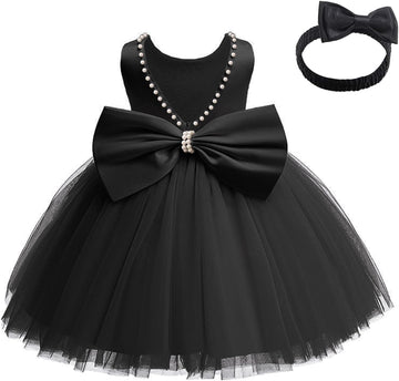 Toddler Baby Girls Pearl Backless Big Bowknot Tutu Gown Party Wedding Ball Gown Princess Dress with Headwear