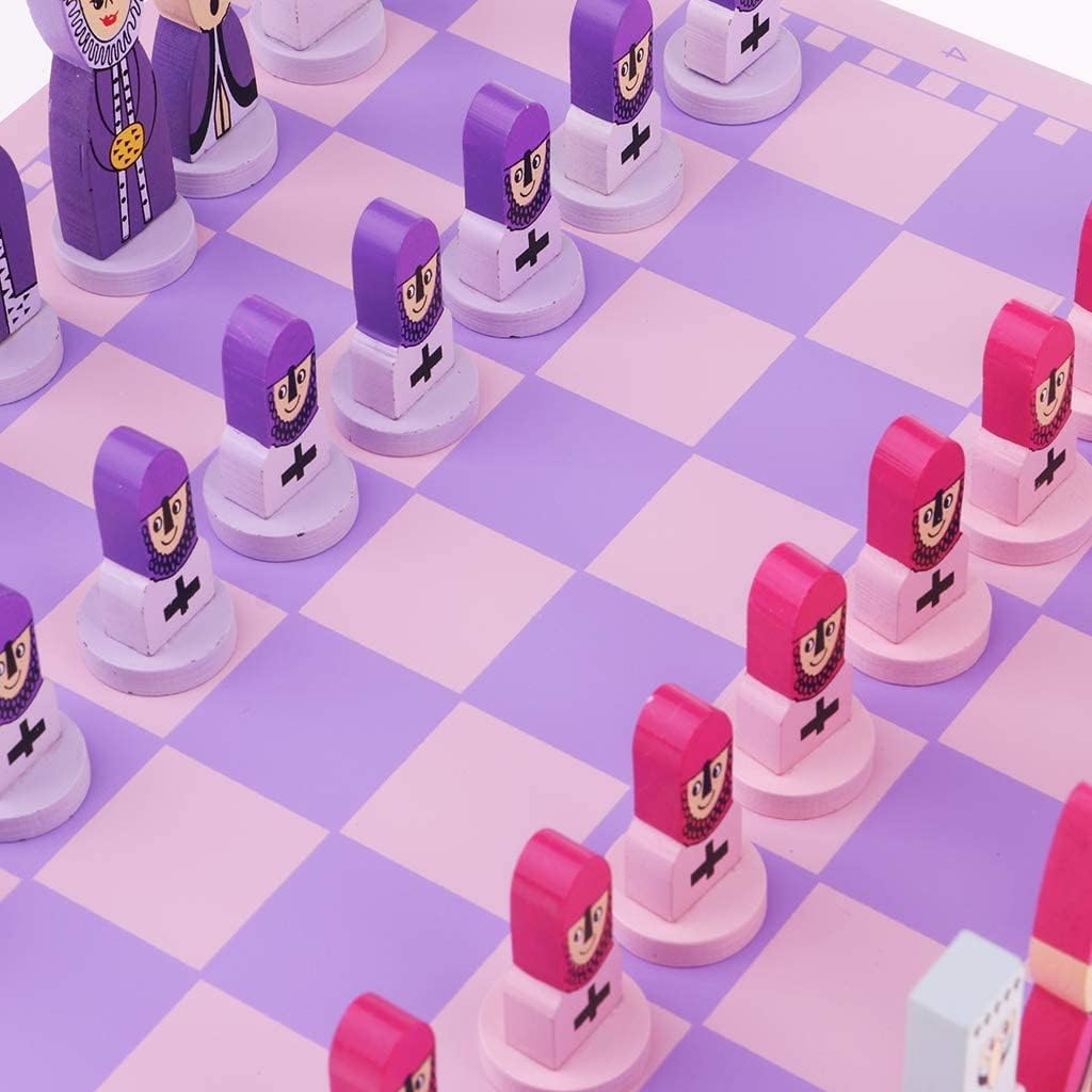 Cartoon Travel Chess Set, Chess Board for Kids & Adults, 11.8" Pink Themed Chess Board, Wooden Cute Board Games, No