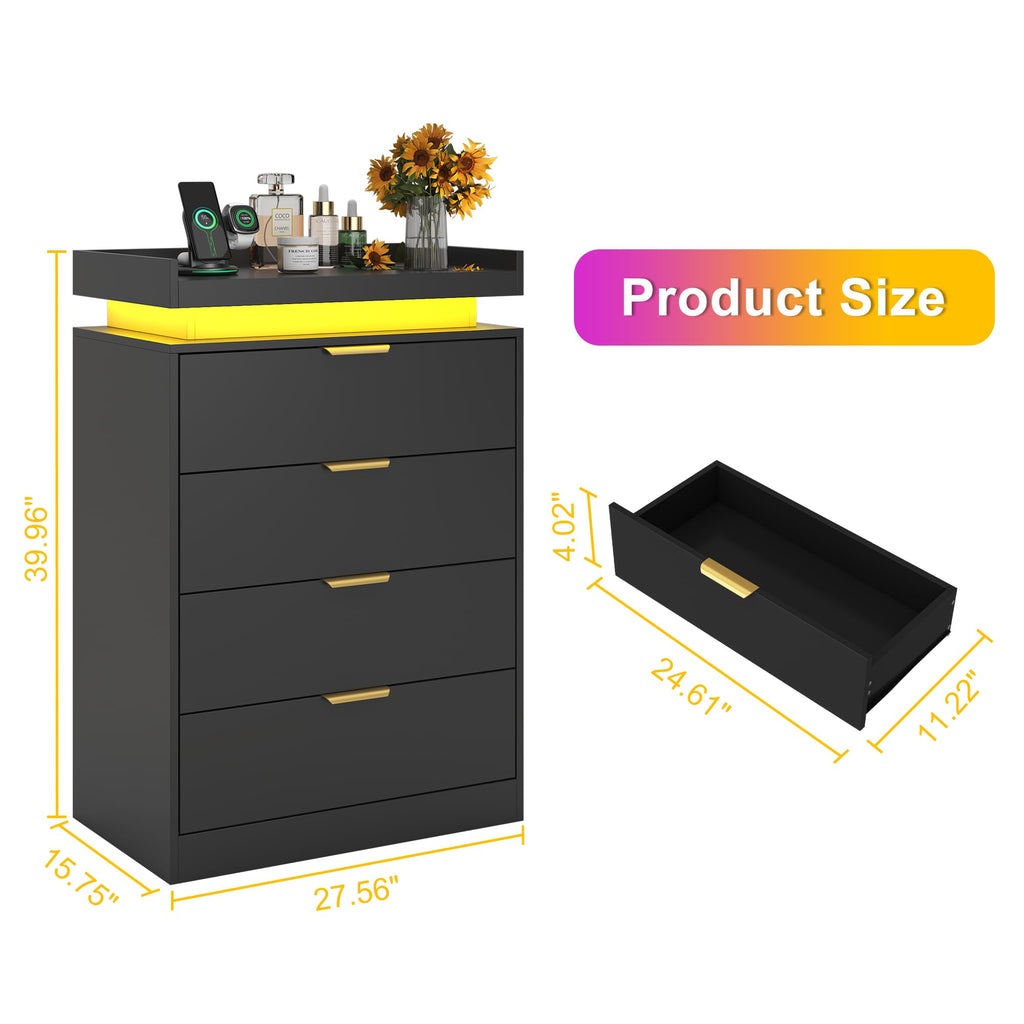 Black Dresser with LED Lights, Wooden LED Dresser, 4 Drawer Chest with Charging Station, Tall Chest of Drawer Closet