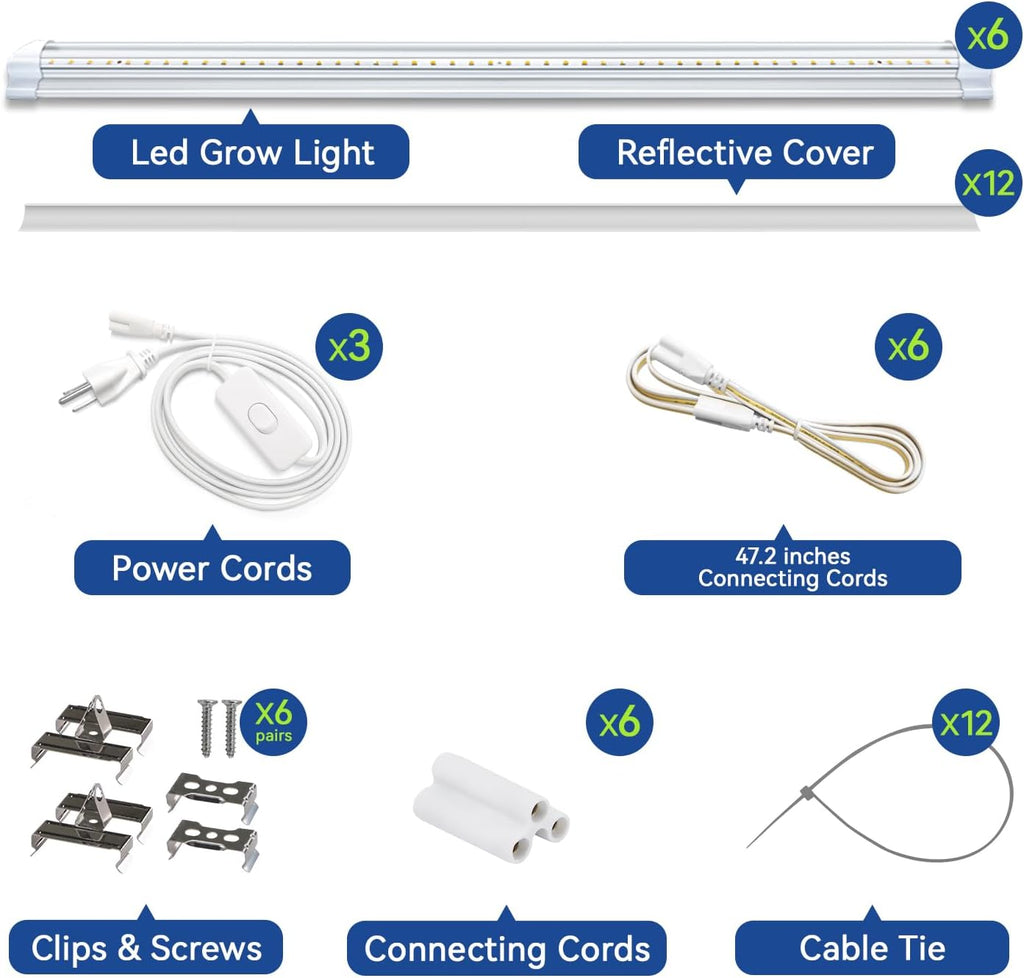 Led Grow Lights for Indoor Plants Full Spectrum,T8 2FT 144W(6x24W) High Output Growing Strips for Seedlings,Sunlight