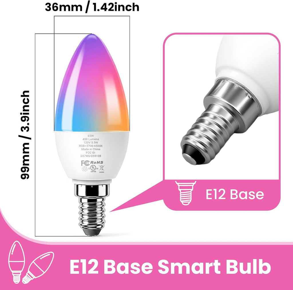 4 Pack E12 Smart Bulbs, Compatible with Alexa&Google Home