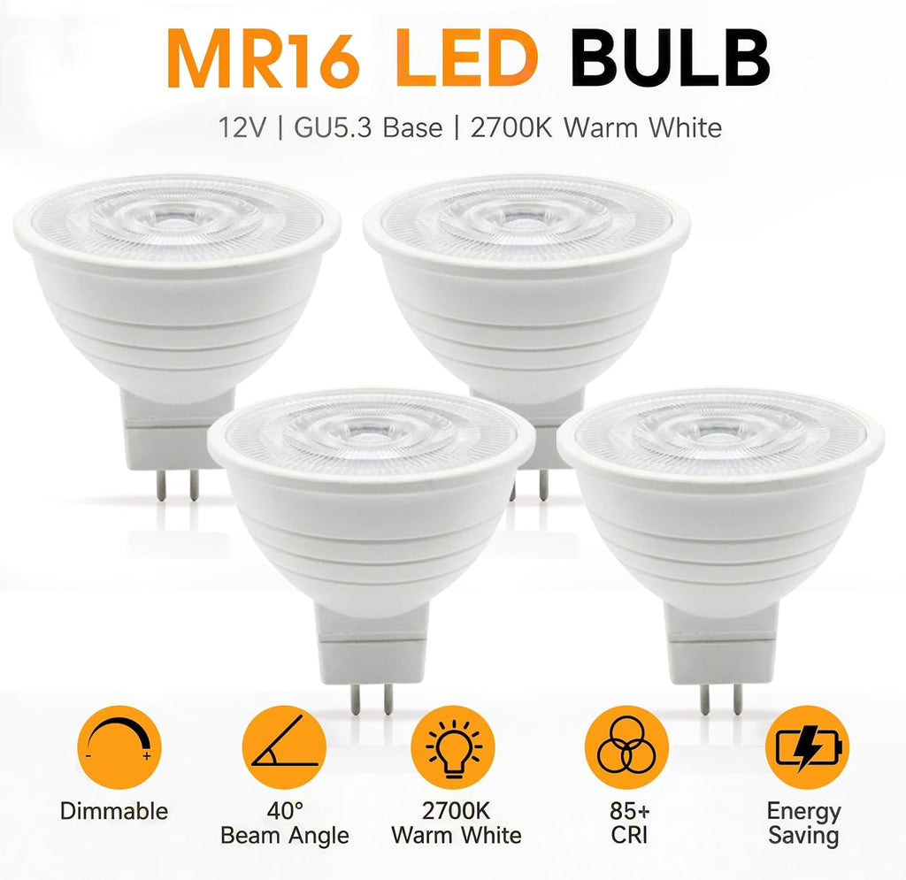 MR16 LED Bulb Dimmable GU5.3 12V 2700K Warm White,Halogen Equivalent, 40° Beam Angle Spotlight for Landscape