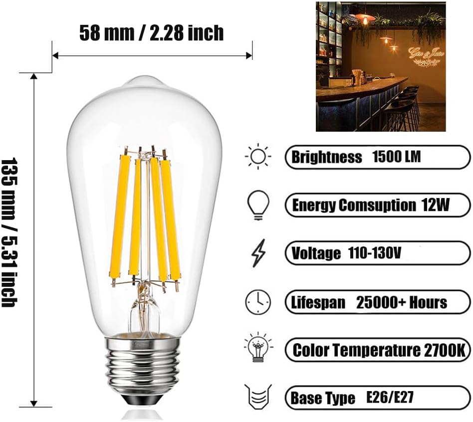 Vintage ST58/ST19 12W LED Edison Bulbs LED Filament Bulb 120W Equivalent Dimmable 2700K Warm White 1500LM, Bulbs