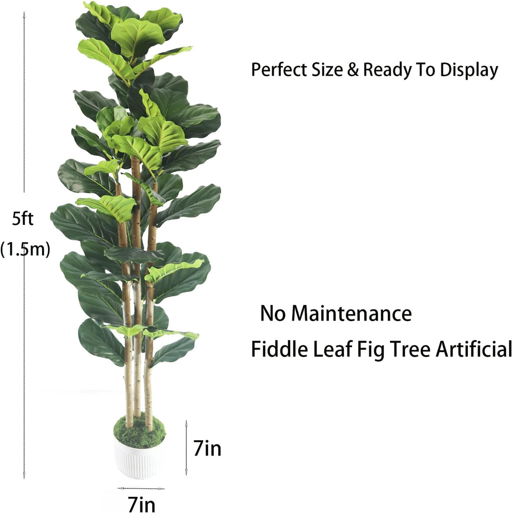 Artificial Fiddle Leaf Fig Tree 5ft - Fig Tree Artificial,Faux Fiddle Leaf Fig Tree with Realistic Resin Trunk &